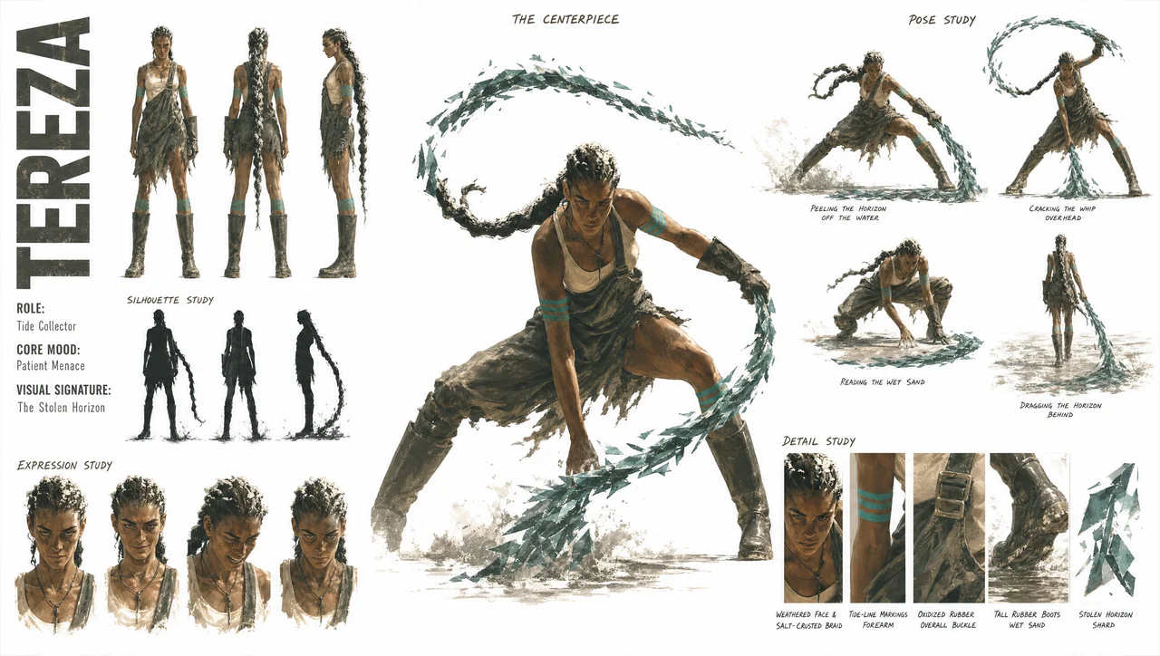 Character sheet de Tereza: figura central, vistas de frente, costas e perfil, expressões, poses e detalhes do figurino.